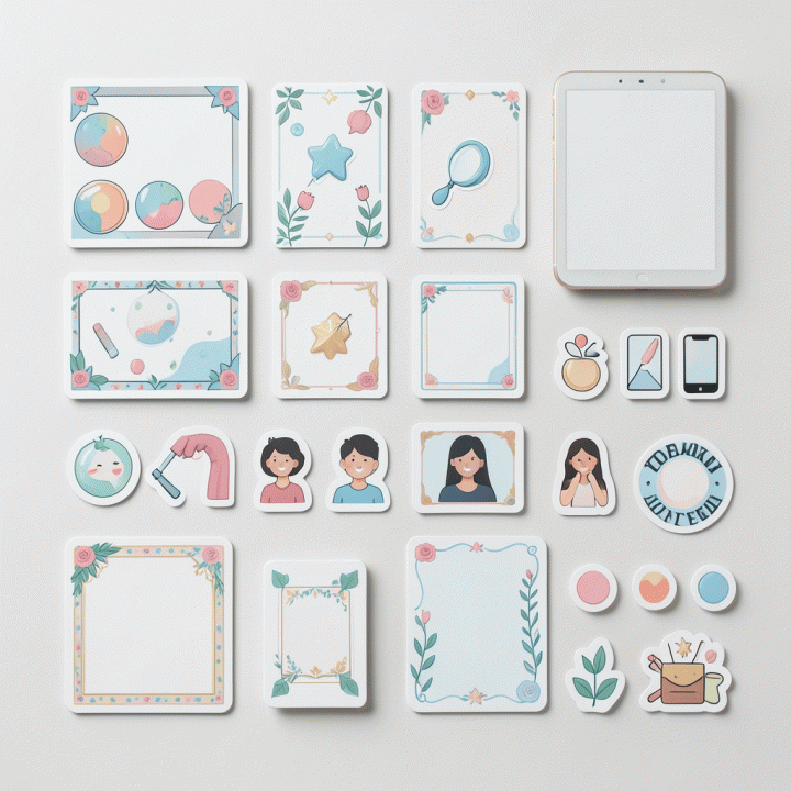 Flat lay arrangement of premium digital sticker assets for social media design, showing a clean and aesthetic collection.