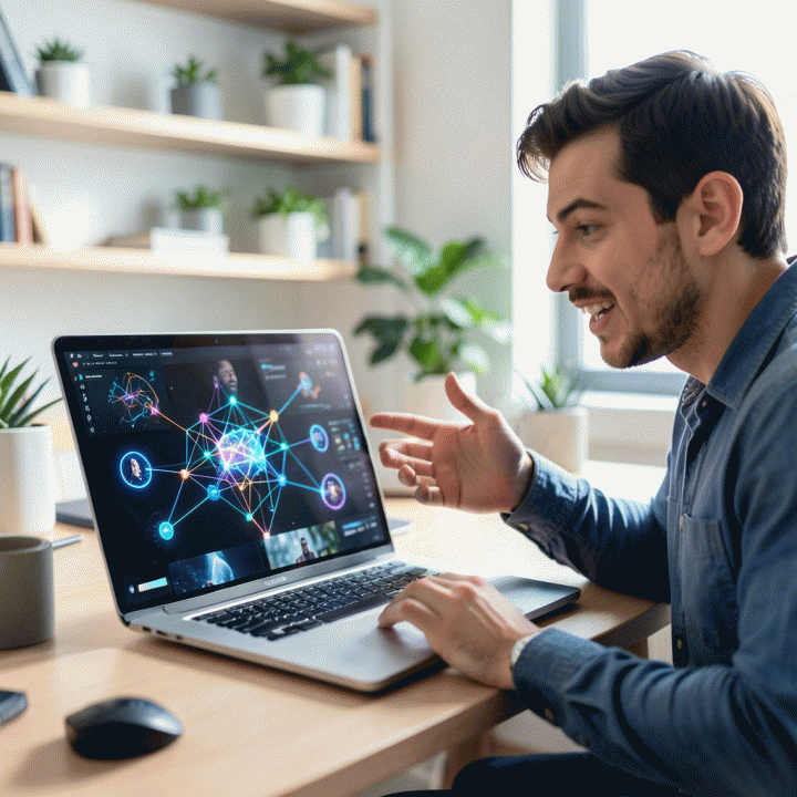 Konten kreator modern sedang menggunakan laptop di kantor yang stylish, berfokus pada layar yang menampilkan visualisasi abstrak tentang proses remixing video kompetitor menjadi konten viral menggunakan teknologi AI.