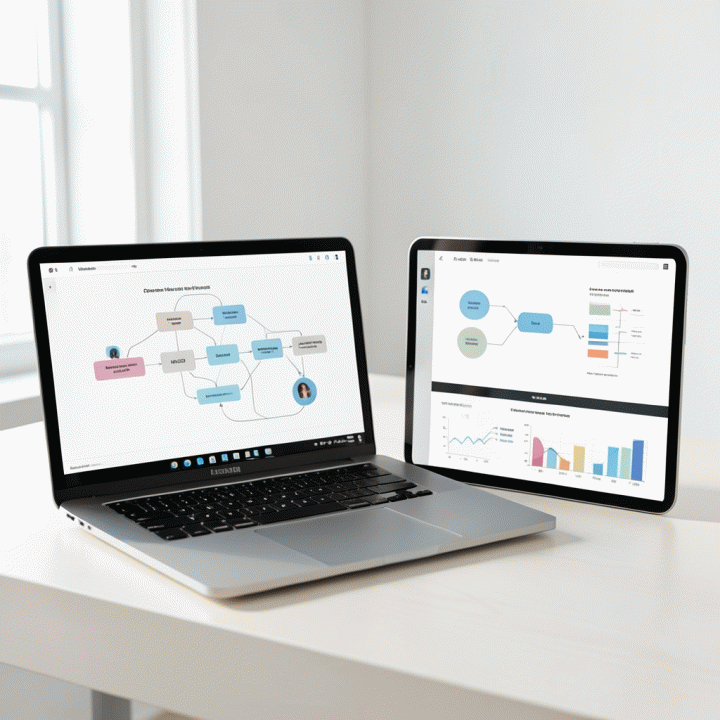 Pengaturan workspace modern yang menampilkan visualisasi data dan struktur konten terorganisir, menunjukkan proses perencanaan strategi konten AI.