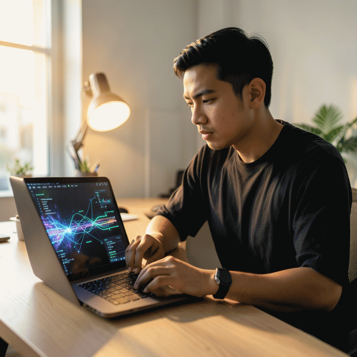 Seorang kreator konten muda Indonesia sedang fokus menggunakan laptop di ruang kerja modern, menganalisis data dan merencanakan konten viral menggunakan bantuan AI.