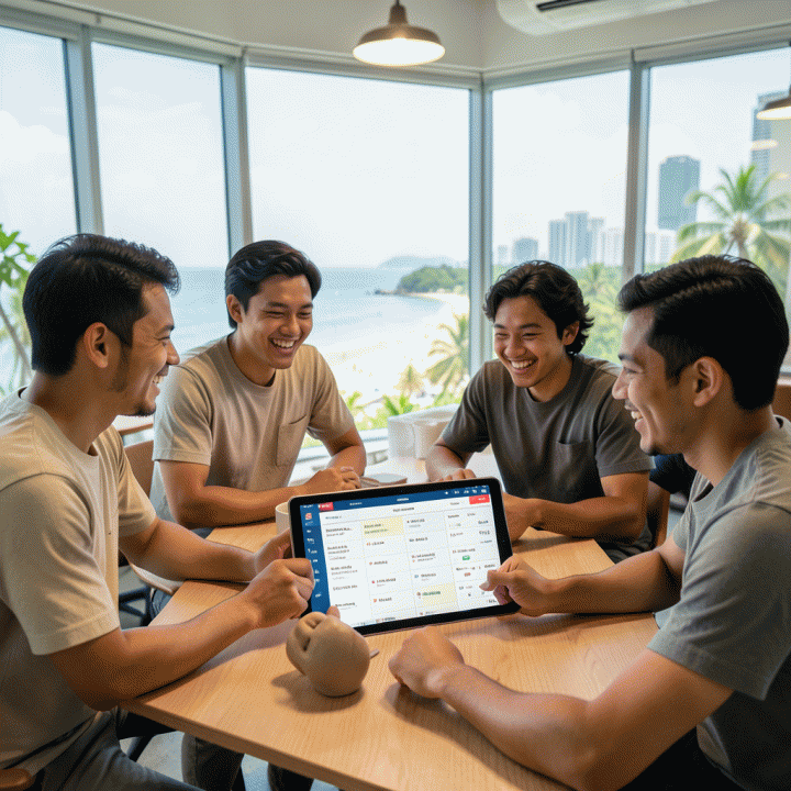 Sekelompok teman muda Indonesia yang bersemangat merencanakan liburan impian mereka menggunakan tablet berisi digital travel planner yang terstruktur dan rapi.