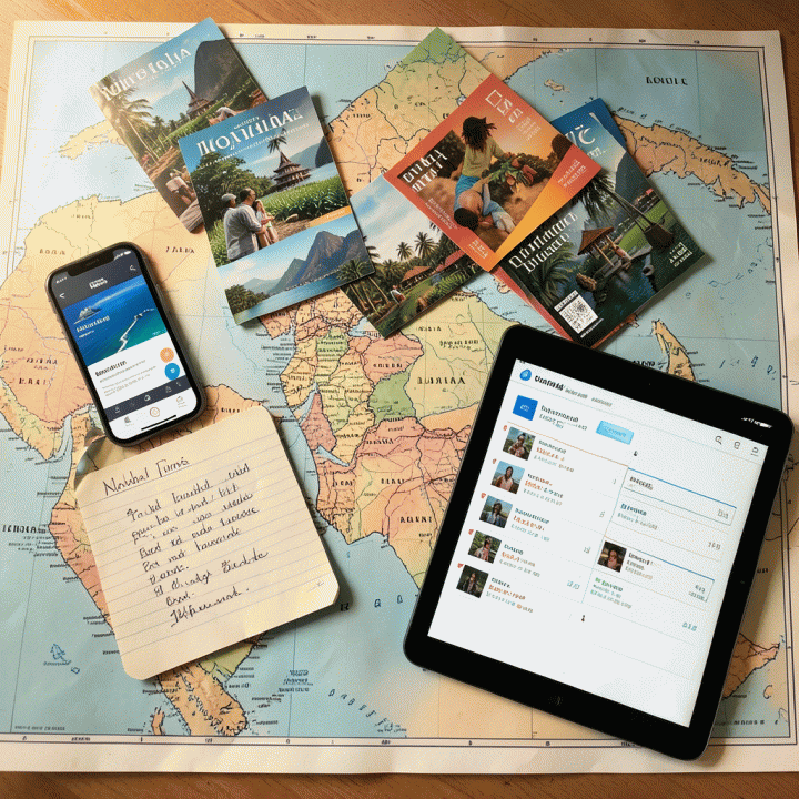 Foto flat lay yang menampilkan perlengkapan perencanaan liburan yang lengkap dan terorganisir, termasuk peta, smartphone, dan rencana perjalanan digital.
