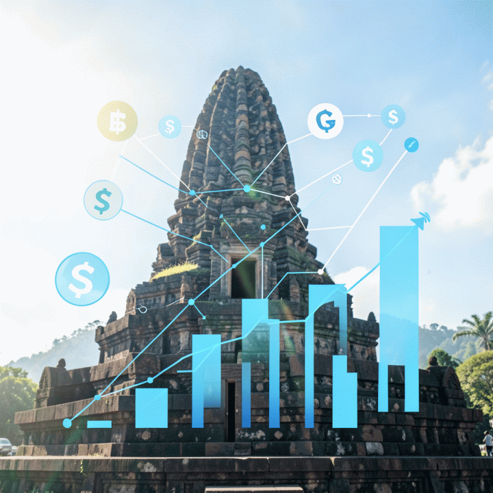 Visualisasi konseptual tentang pengelolaan anggaran perjalanan yang efisien menggunakan grafik dan elemen digital yang terstruktur.
