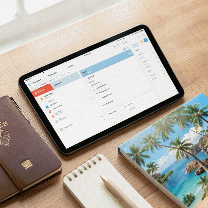 Tata letak flat lay alat perencanaan perjalanan yang terorganisir di atas meja kayu, menampilkan tablet digital planner dan perlengkapan traveling lainnya.
