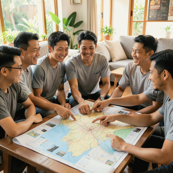 Grup teman sedang berdiskusi santai di meja sambil melihat peta atau jadwal perjalanan yang sudah direncanakan bersama.