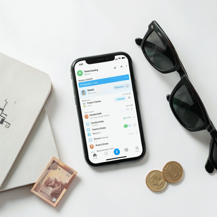 Tampilan flat lay yang memperlihatkan aplikasi planner digital, buku catatan anggaran, dan mata uang Rupiah, menyoroti perencanaan keuangan perjalanan grup yang terorganisir.