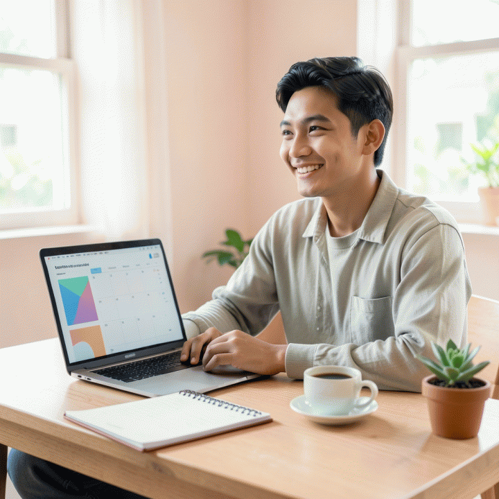 Mahasiswa Indonesia yang produktif di meja belajar yang rapi, merencanakan kehidupan akademis dan keuangan mereka dengan semangat.