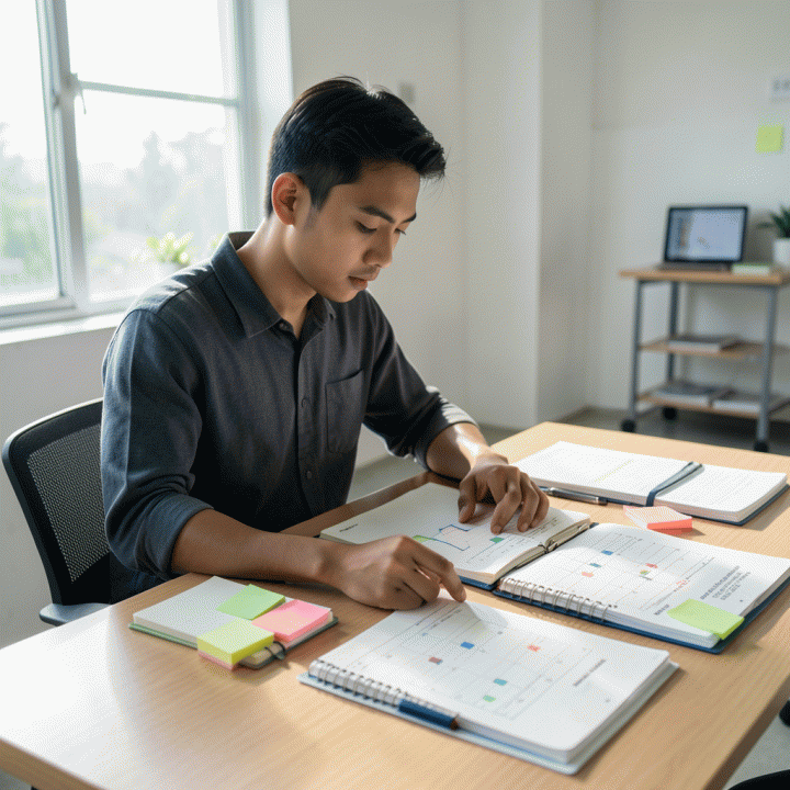 Mahasiswa Indonesia yang fokus merencanakan jadwal belajar produktif di meja kerja yang tertata rapi dengan suasana pagi yang cerah.