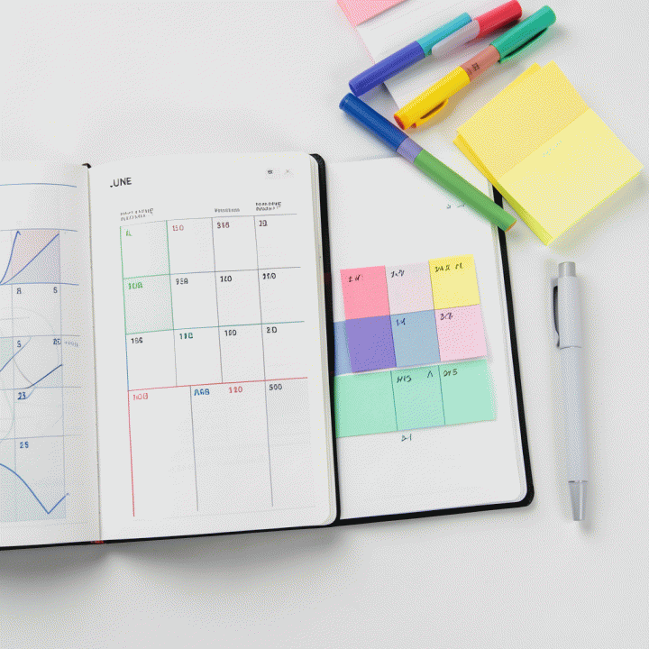 Tampilan atas (flat lay) dari berbagai alat produktivitas seperti planner, sticky notes, dan pulpen yang terorganisir untuk membantu perencanaan akademik.