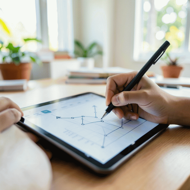 Ilustrasi tangan yang sedang menyusun atau menandai jadwal penting di atas planner atau tablet, menunjukkan langkah strategis dalam manajemen waktu.