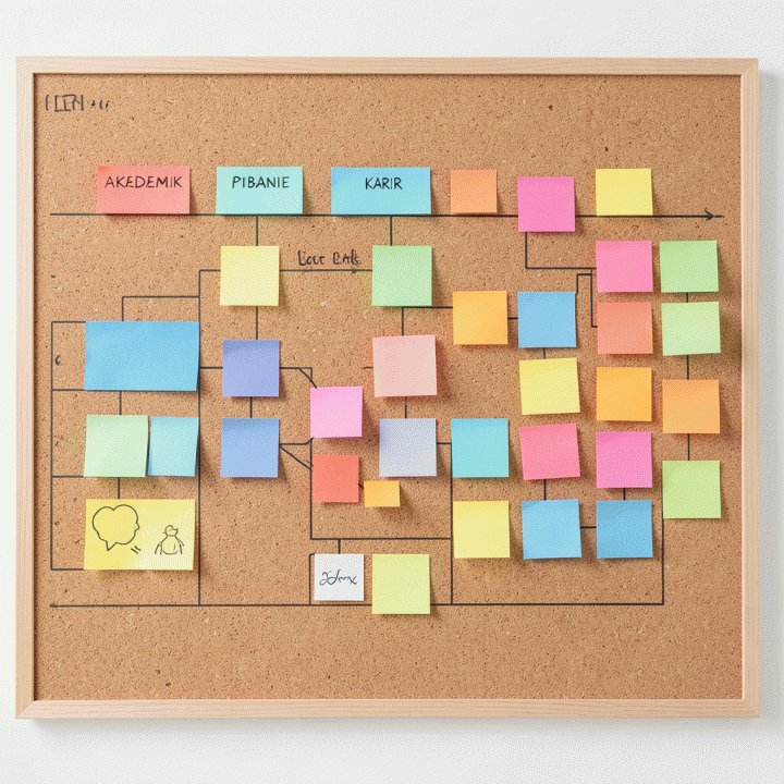 Papan visi dan peta pikiran (mind map) yang terstruktur dengan post-it notes warna-warni, melambangkan perencanaan tujuan akademik dan pribadi.