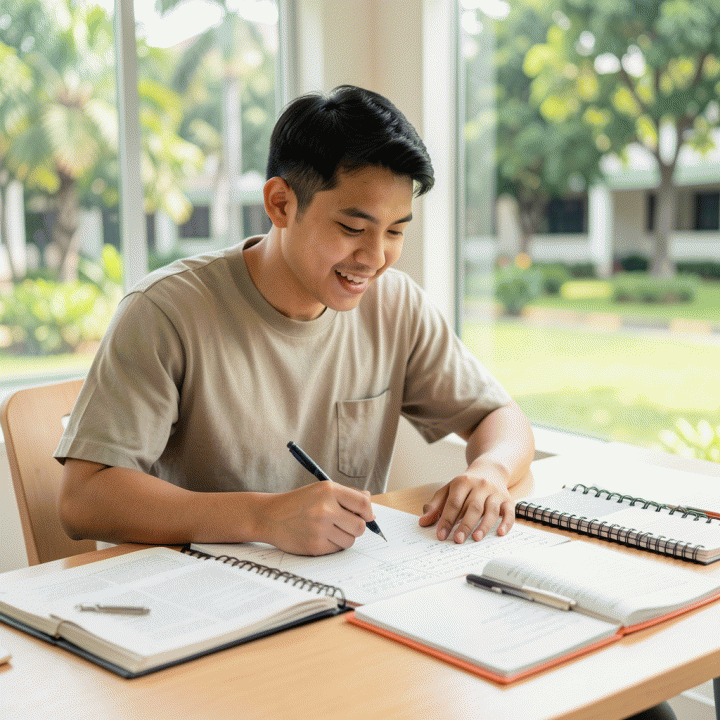 Foto sinematik seorang mahasiswa Indonesia yang produktif sedang merencanakan jadwal akademik di meja belajar yang rapi, melambangkan awal yang terstruktur dan penuh semangat.