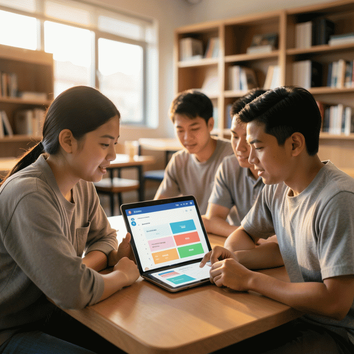 Mahasiswa yang fokus menggunakan tablet atau laptop untuk meninjau rencana akademik yang terstruktur dan berwarna, di lingkungan belajar modern.