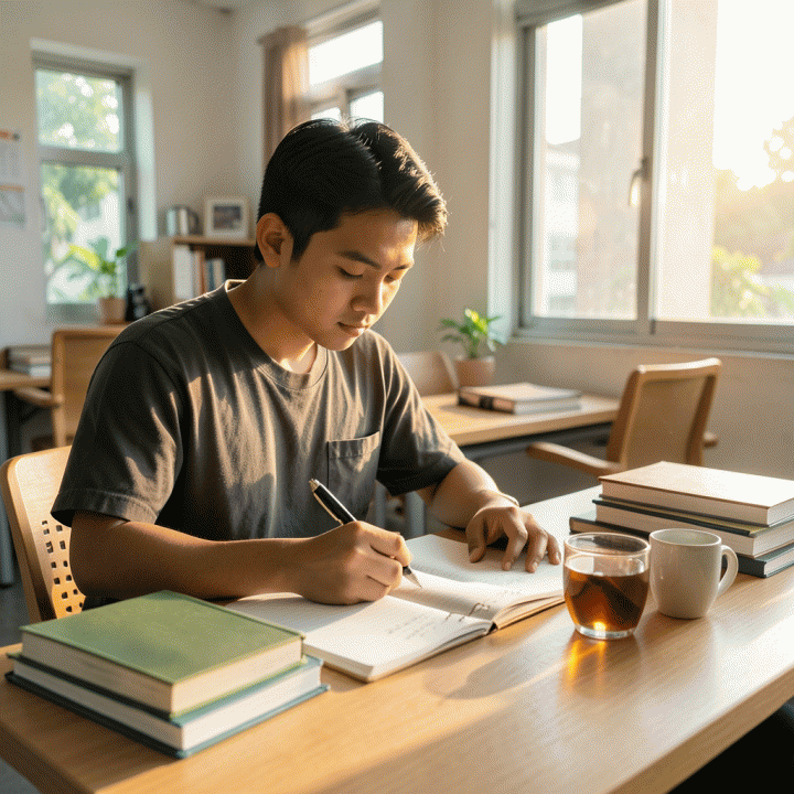 Mahasiswa Indonesia yang sedang merencanakan jadwal belajar dengan semangat di meja yang rapi saat pagi hari.