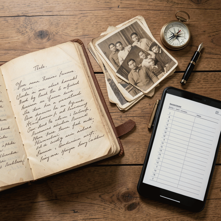 Susunan alat riset genealogi di atas meja kayu: buku catatan tua, foto kuno, kompas, dan pena, menunjukkan proses riset yang terstruktur.