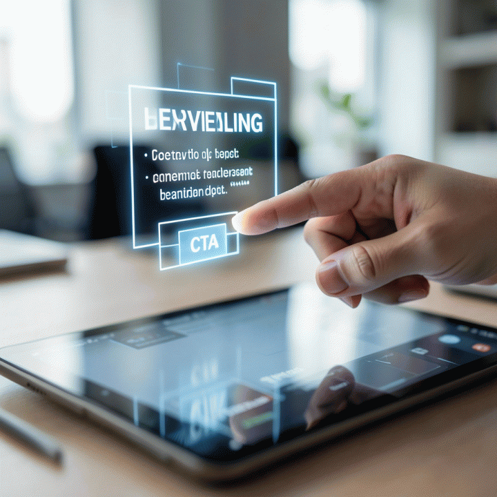 Tangan menunjuk elemen copywriting iklan yang terstruktur dan terurai di layar digital, menunjukkan analisis mendalam.