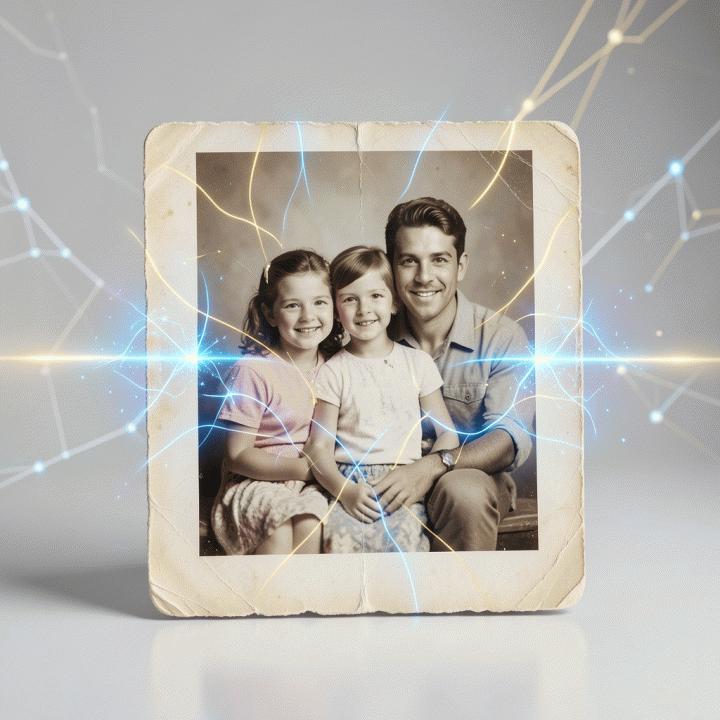 Representasi visual AI yang sedang merestorasi foto keluarga lama yang pudar menjadi foto digital resolusi tinggi yang jernih.