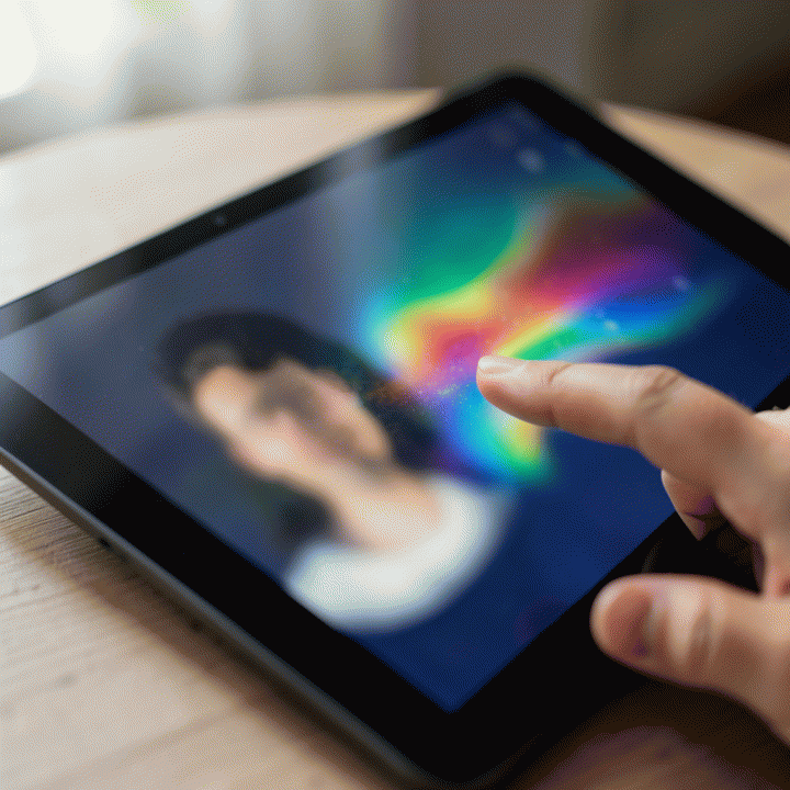 Tangan pengguna berinteraksi dengan tablet yang menampilkan proses peningkatan resolusi foto secara digital.