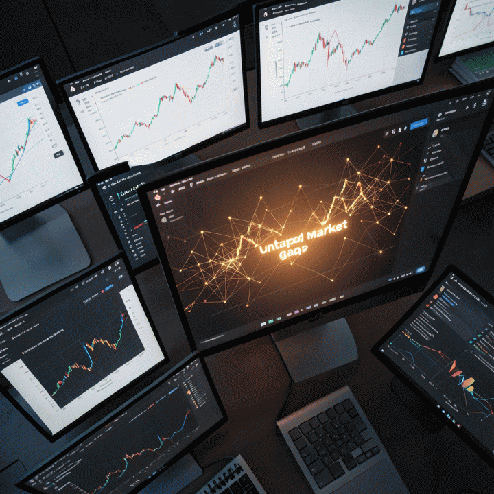 Pandangan dari atas menunjukkan dashboard data kompleks dengan satu area peluang pasar yang menonjol, menandakan celah yang belum terisi.