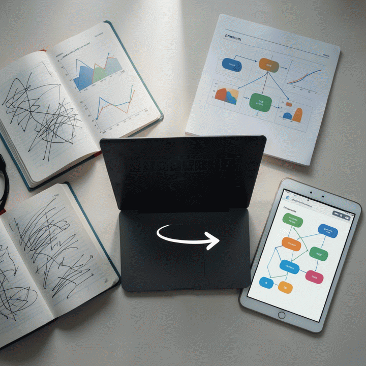 Pandangan dari atas meja kerja yang menampilkan elemen riset pasar seperti buku catatan dan tablet, menyoroti alur pengguna yang terstruktur dan jelas.