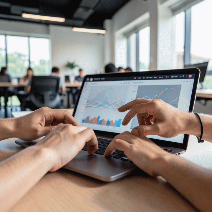 Fokus tangan-tangan profesional yang menunjuk ke pola atau celah spesifik pada dashboard analisis data di laptop, merepresentasikan identifikasi insight pasar.
