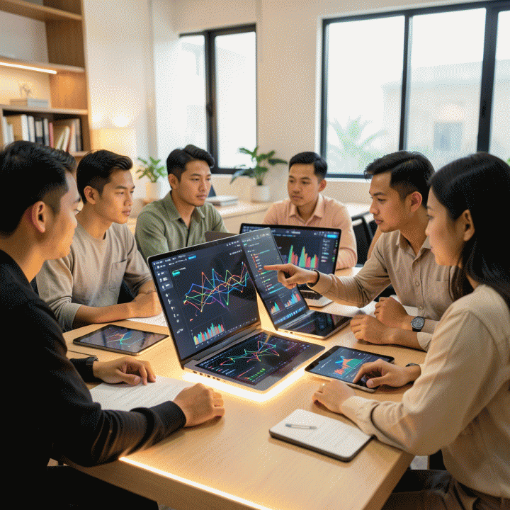 Kelompok kreator konten digital modern yang berkolaborasi di ruang kerja yang profesional, menganalisis visualisasi data pasar yang kompleks menggunakan berbagai perangkat digital.