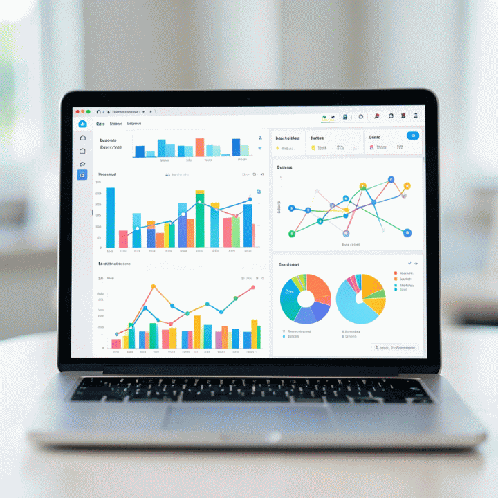 Tampilan close-up dashboard digital abstrak yang menampilkan berbagai jenis grafik dan visualisasi data pasar yang kompleks, menunjukkan hasil riset pasar.