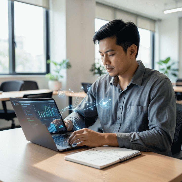 Seorang founder startup profesional sedang mengubah data riset pasar menjadi rencana bisnis digital yang konkret di co-working space modern.