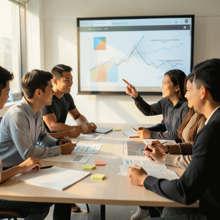 Tim profesional Indonesia berdiskusi intensif di meja modern, berfokus pada visualisasi data abstrak untuk menemukan celah pasar dan strategi bisnis.