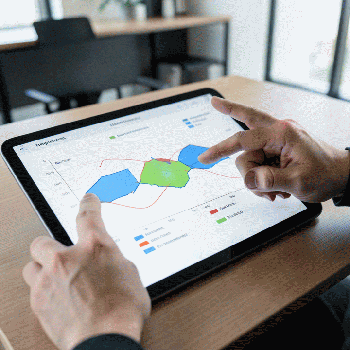Tangan menunjuk ke area celah pasar yang teridentifikasi secara visual pada grafik analisis kompetitor di tablet.