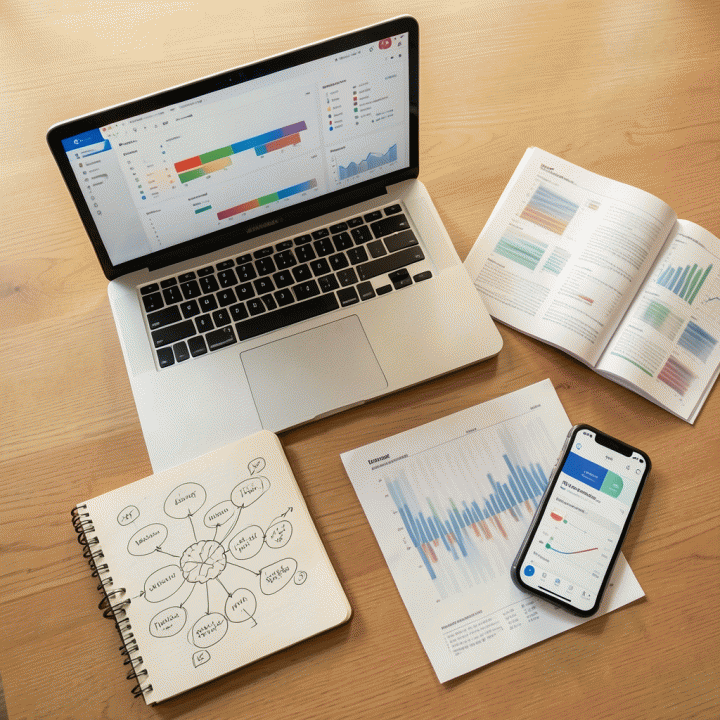 Komposisi alat dan materi riset pemasaran digital yang tersebar di atas meja kayu, mencerminkan proses analisis data mendalam untuk strategi kompetitor.