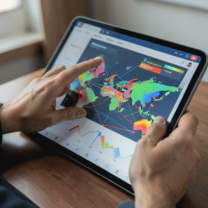 Tangan profesional menggunakan tablet untuk menganalisis visualisasi data pasar dan mengidentifikasi celah kompetitif dalam riset produk digital.