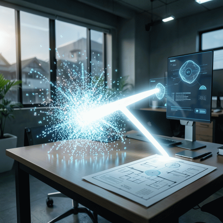 Visualisasi abstrak bagaimana data pasar yang terlalu banyak diolah oleh sistem menjadi strategi bisnis dan rencana aksi yang jelas.
