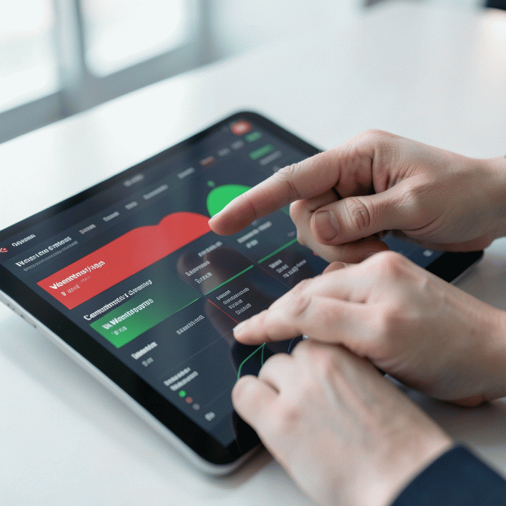 Tangan profesional berinteraksi dengan dashboard data digital di tablet untuk membandingkan kelemahan dan kekuatan kompetitor secara visual.