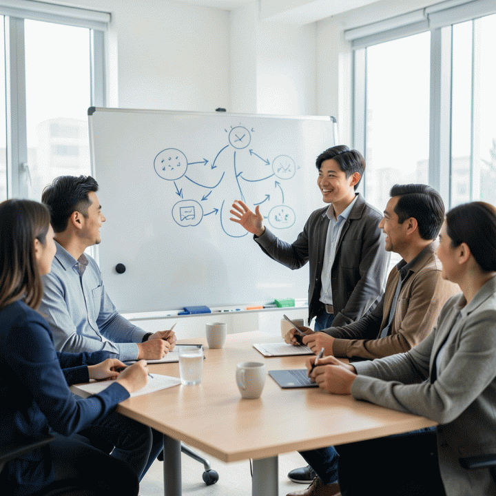 Diskusi kolaboratif antara founder dan tim mengenai pengembangan ide produk bisnis baru.