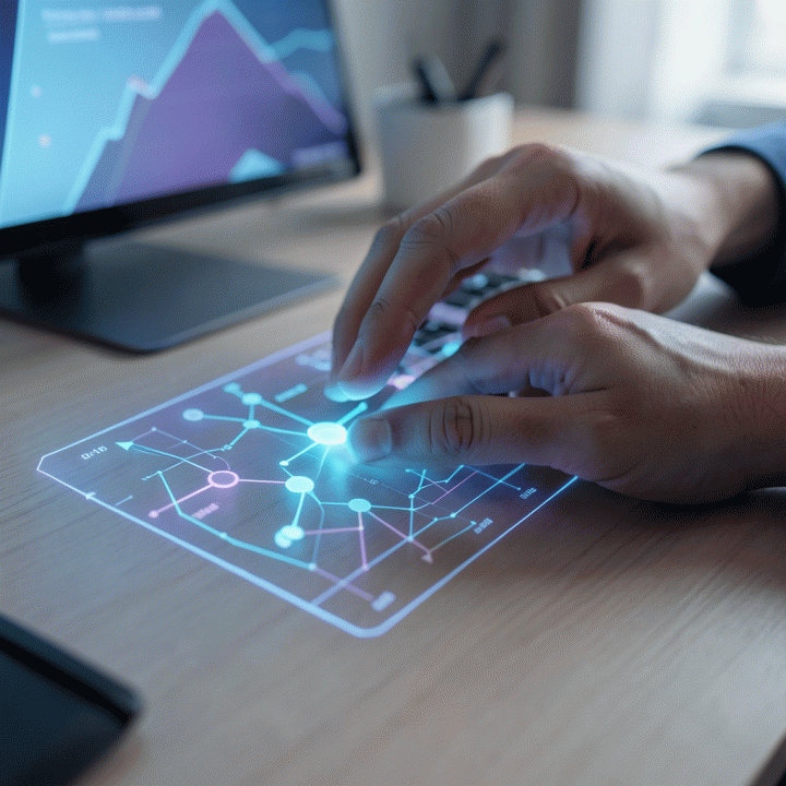 Tangan berinteraksi dengan antarmuka holografik abstrak yang menampilkan proses pengembangan dan riset produk digital berbasis AI.