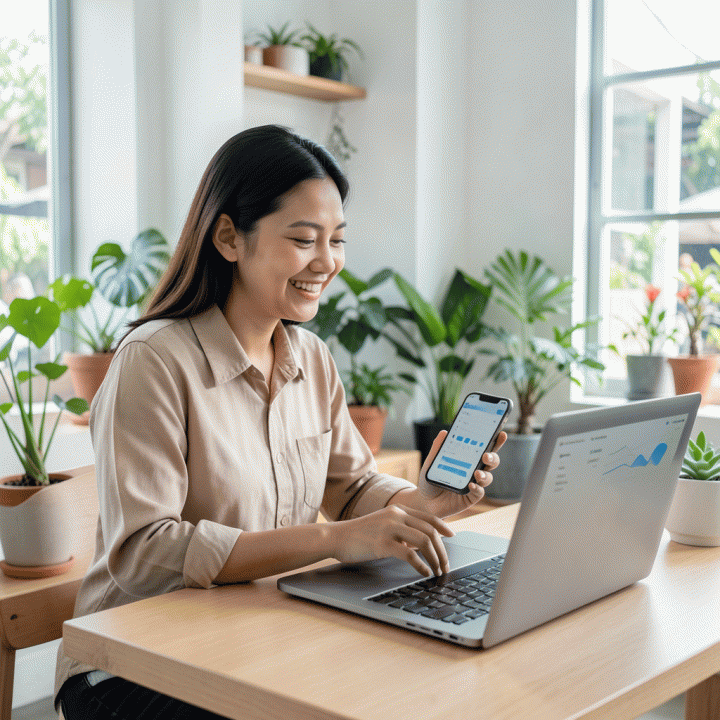 Seorang pengusaha wanita Indonesia yang sukses dan percaya diri saat melakukan riset produk e-commerce menggunakan teknologi AI.
