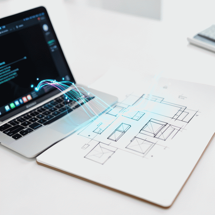 Visualisasi proses mengubah data riset pasar (dari digital) menjadi konsep bisnis (manual).
