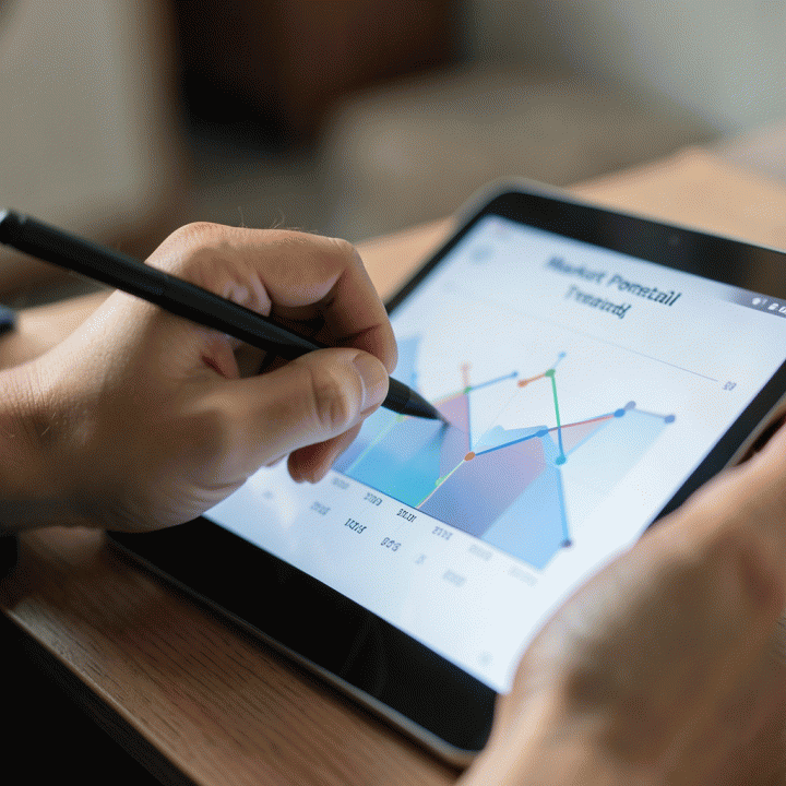 Tangan yang sedang menganalisis tren pasar dan potensi produk di tablet digital, menunjukkan proses validasi ide bisnis.