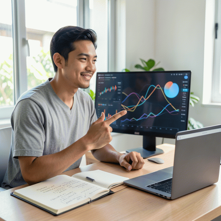 Seorang kreator digital Indonesia yang profesional dan fokus sedang menganalisis data tren pasar e-commerce di ruang kerjanya yang modern, menunjukkan potensi bisnis yang besar.