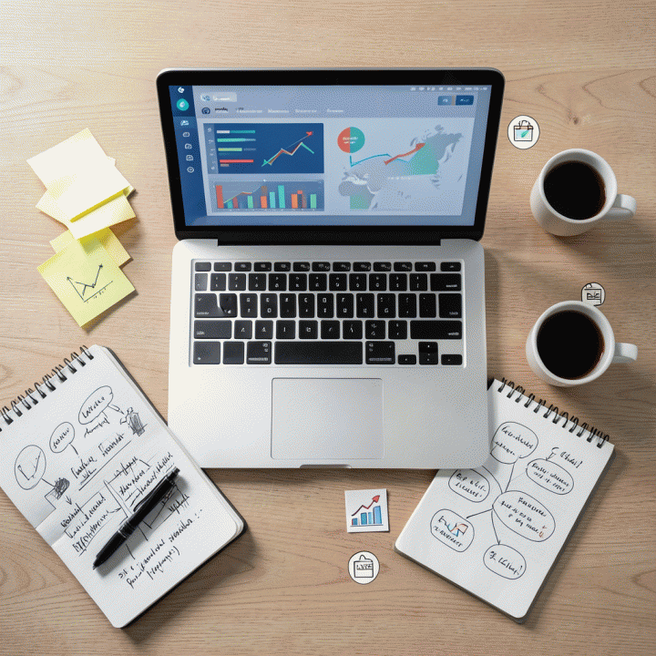 Perlengkapan riset pasar yang terhampar di meja, termasuk laptop dengan dashboard abstrak, catatan ide, dan berbagai alat bantu kreatif lainnya.