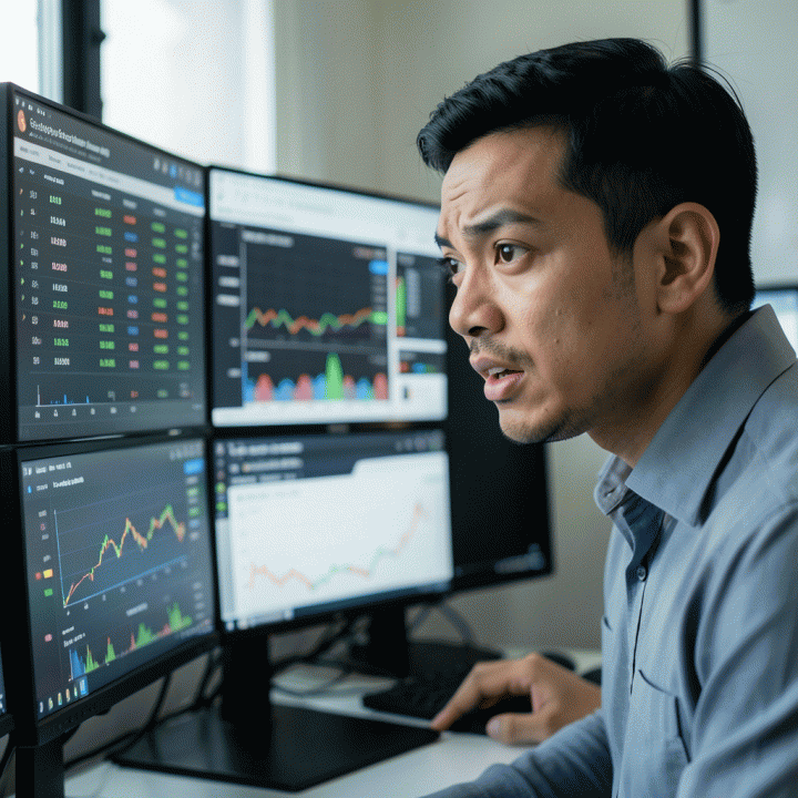 Seorang pengusaha e-commerce sedang menganalisis tren pasar secara mendalam menggunakan banyak monitor data, menunjukkan proses pengambilan keputusan yang cerdas.
