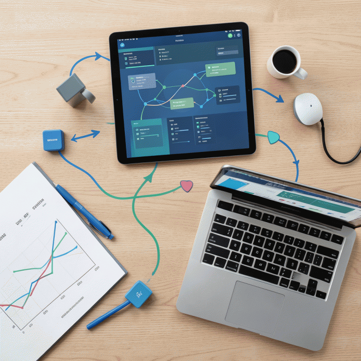 Tata letak (flat lay) alat-alat riset digital dan dashboard data di meja kerja, melambangkan otomatisasi bisnis e-commerce.