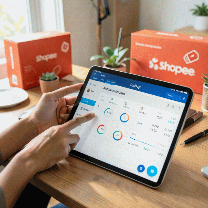 Tangan seller menunjuk data penting pada tablet yang menampilkan alat analisis produk, menunjukkan kemudahan riset.