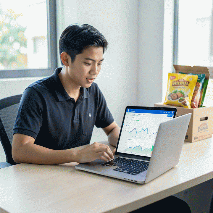 Seorang penjual e-commerce muda Indonesia yang antusias menganalisis tren penjualan dan potensi komisi di dashboard analitik digital di laptopnya, melambangkan keberhasilan riset produk.