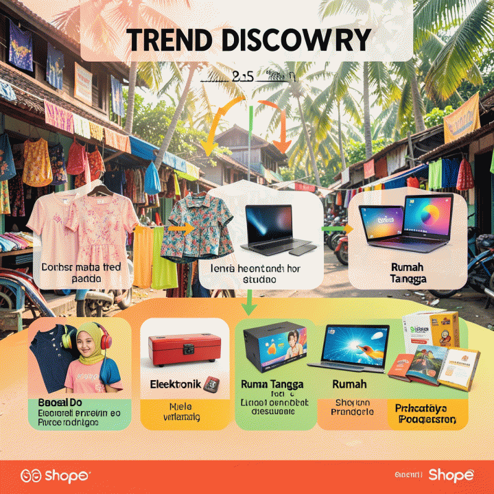 Visualisasi kategori produk tren populer di Shopee yang ditata menarik untuk memberi ide riset produk.