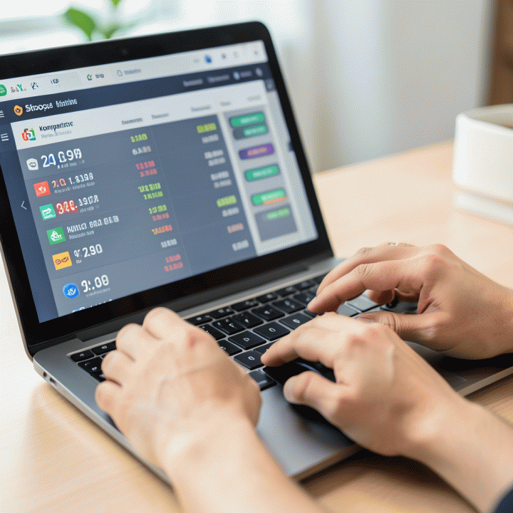 Tangan menganalisis data harga dan perbandingan produk kompetitor di dashboard laptop.