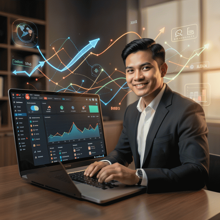 Pengusaha muda Indonesia menganalisis data omzet dan tren pasar di dashboard e-commerce pada laptop, menandakan strategi bisnis yang cerdas.