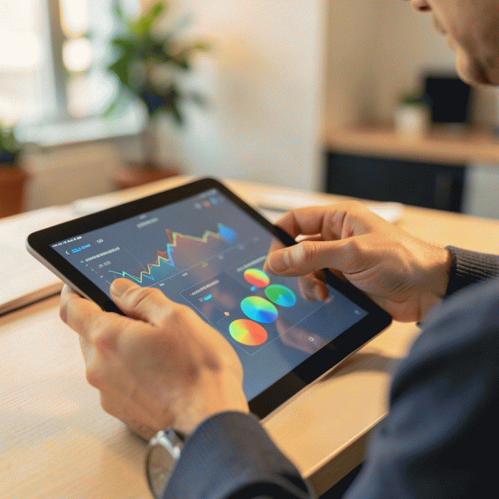 Tangan menganalisis data tren dan peluang pasar di layar tablet, menunjukkan fase riset produk yang mendalam.