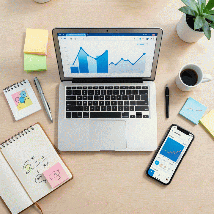 Tampilan meja kerja yang rapi berisi perlengkapan riset, laptop, dan konsep, melambangkan proses pengembangan ide bisnis.